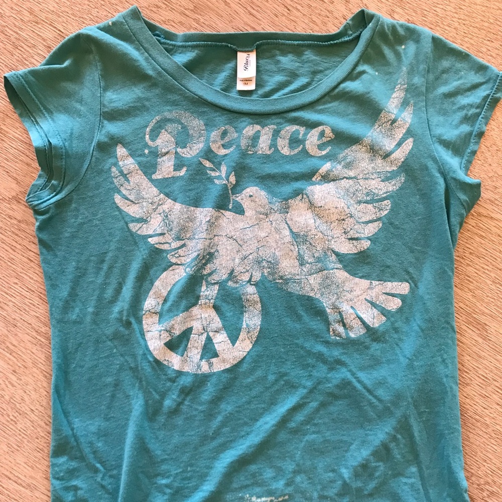 Peace Sign Dove Cap Sleeve Tee Turquoise Blue Medium